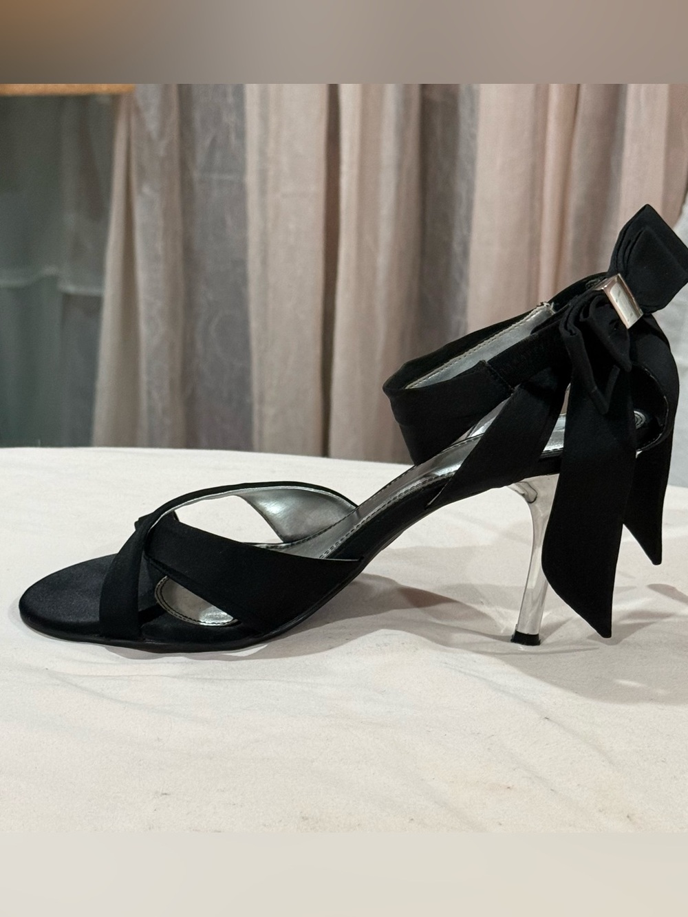 FIONI Clothing Black Satin Bow-Tie Stiletto Ankle Sandals